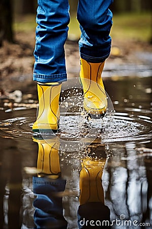 child's feet running through puddles Stock Photo