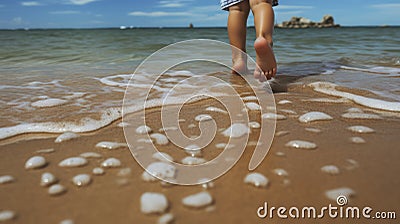 Legs of child on the sand beach, nice tropical view. Generative AI Stock Photo