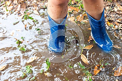 Legs of child wearing pair of blue rubber boots in water puddle Stock Photo