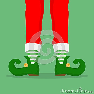 Legs Christmas Elf in green shoes with bells, in striped stockings and in short red breeches Vector Illustration