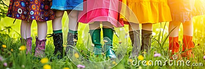 Legs of five children dressed in colorful clothes, on sunny flowering meadow on summer day Stock Photo