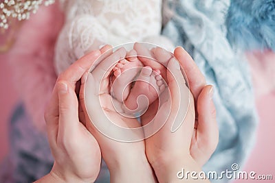 Legs of a newborn baby, a child in the hands of parents, parental love Stock Photo