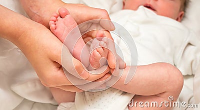 Legs newborn in sister hand Stock Photo