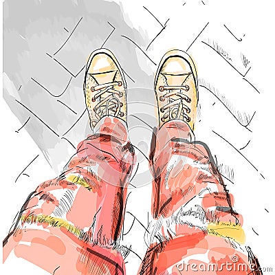 Legs with redjeans in gumshoes. Vector illustration. EPS Vector Illustration