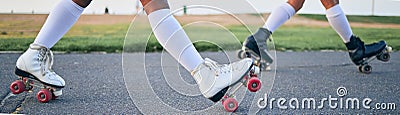 Legs, roller skates and shoes of friends on street for exercise, workout or training outdoor. Skating, feet of people Stock Photo