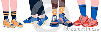 Legs with shoes. Male female feet wearing stylish footwear, trendy fashionable comfortable models of casual and Vector Illustration