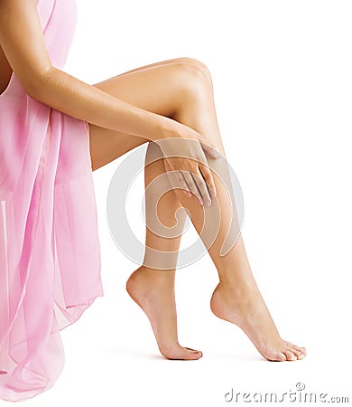 Legs Skin, Woman Touching Smooth Hairless Leg, Body Beauty Stock Photo