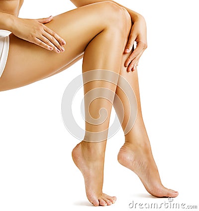 Legs Smooth Skin, Woman Touching Hairless Leg, Beauty Care Stock Photo