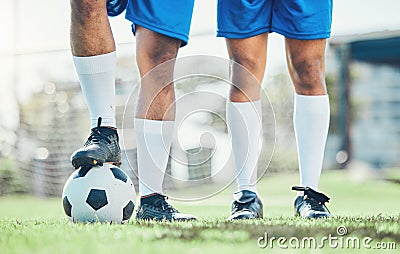 Legs, soccer and ball with a team ready for kickoff on a sports field during a competitive game closeup. Football Stock Photo