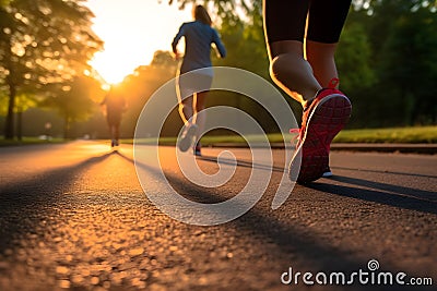 Legs of three women running, group of young women jogging in the park under beautiful sunlight. Fitness, wellness, healthy Stock Photo