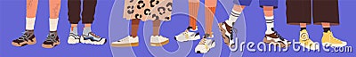 Legs wearing fashion sneakers. Feet in modern sports footwear. Trendy comfortable sportswear for active lifestyle Vector Illustration