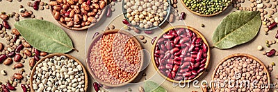 Legumes assortment, overhead panorama on a brown rustic background. Lentils, soybeans, chickpeas, red kidney beans Stock Photo