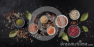 Legumes panorama, shot from the top on a black background. Lentils, soybeans, chickpeas, red kidney beans Stock Photo