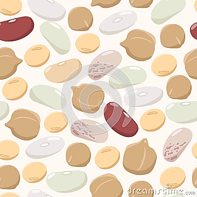 Legumes seamless pattern in flat design. Beans, chickpeas, peas, soybeans isolated on light background, bean plant Vector Illustration