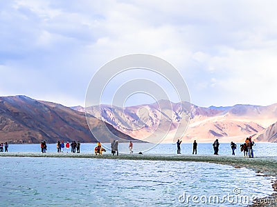 LEH LADAKH, INDIA-JUNE 25 2018: Group of tourists are visit Pang Editorial Stock Photo