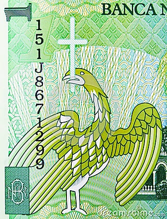 1 Lei, Bank of Romania. Fragment: Stylised crusader eagle as Walachian Coat of Arms of Prince Constantin Brincoveanu Stock Photo