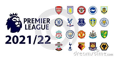 Leicester City, Liverpool, Chelsea, Manchester United, Manchester City, Arsenal, Tottenham Hotspur. Football clubs of England. Vector Illustration