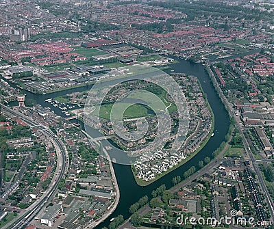 Leiden, Holland, May 17 - 1985: Historical aerial photo of the Waard eiland, Leiden, Holland Stock Photo
