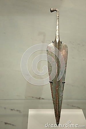 Leiden, The Netherlands - JAN 04, 2020: old bronze spearhead from ancient Cyprus. Editorial Stock Photo