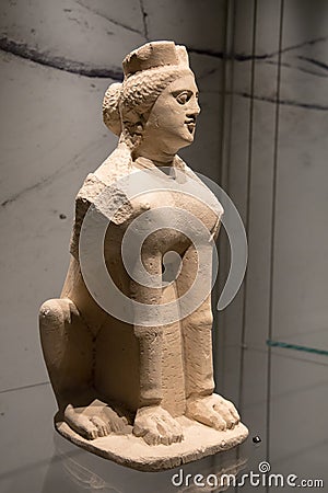 Leiden, The Netherlands - JAN 04, 2020: an old stone Sphinx statue from ancient Cyprus with classical greek influences. Editorial Stock Photo