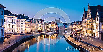 Leie river bank in Ghent, Belgium, Europe. Stock Photo