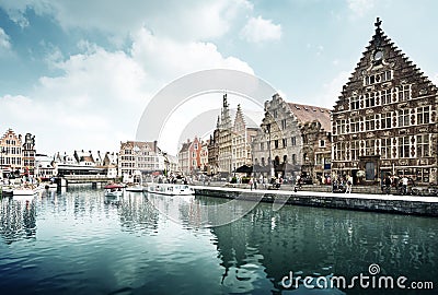 Leie river in Ghent town, Belgium Editorial Stock Photo