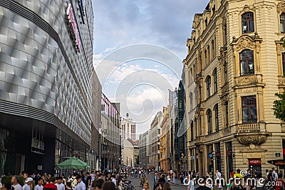 Leipzig, Germany - June 25, 2022: View through the Bruehl past the department store Editorial Stock Photo