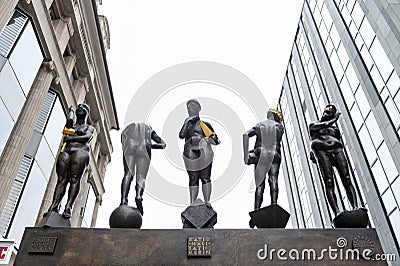 Bronze sculptures titled Untimely Contemporaries by Bernd Goebel installed on Grimmaische Street, Augustusplatz, Leipzig, Germany Editorial Stock Photo