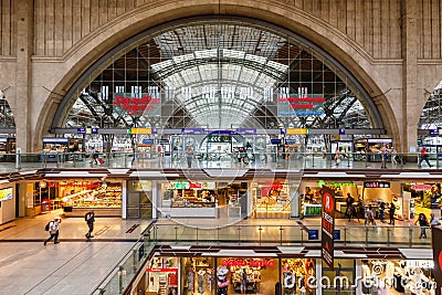 Leipzig main railway station Hauptbahnhof Hbf in Germany Deutsche Bahn DB hall shops Editorial Stock Photo