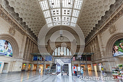 Leipzig main railway station Hauptbahnhof Hbf in Germany Deutsche Bahn DB hall west Editorial Stock Photo