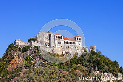 The Leiria Castle built on top of a hill with a view over the gothic Palatial Residence area (Pacos Novos). Stock Photo