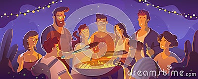 People and food concept - happy friends having meat for dinner at summer garden party at night. Vector Illustration