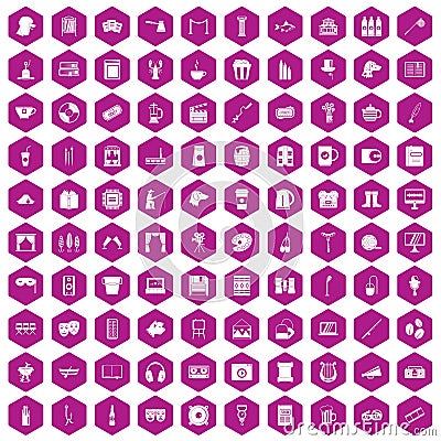 100 leisure icons hexagon violet Vector Illustration