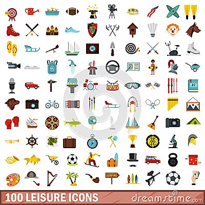 100 leisure icons set, flat style Vector Illustration