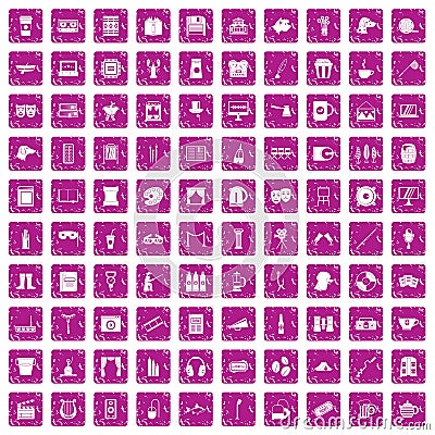 100 leisure icons set grunge pink Vector Illustration