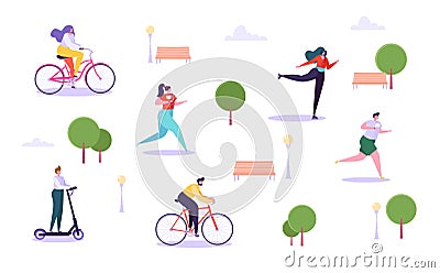 Leisure Outdoor Activities Concept. Active Characters Running in Park, Man and Woman Riding Bicycle, Girl Roller Skating Vector Illustration