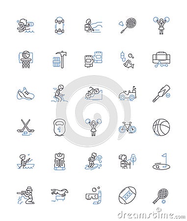 Leisure pursuits line icons collection. Travel, Hiking, Biking, Camping, Swimming, Skiing, Reading vector and linear Vector Illustration
