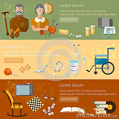 Leisure of seniors banners retirement home pension hobbies Vector Illustration