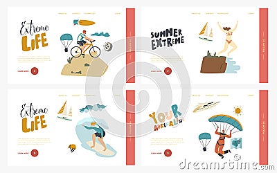 Leisure Sport Xtreme Recreation Landing Page Template Set. Characters Summer Extreme Sport Activity Surfing, Paragliding Vector Illustration