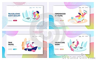Leisure, Traveling, Free Spare Time Website Landing Page Set, People Visiting Sushi Restaurant, Share Pictures from Trip. Vacation Vector Illustration