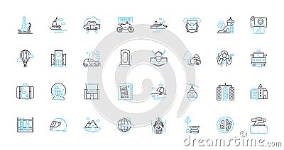 Leisurely stroll linear icons set. Amble, Saunter, Meander, Ramble, Wander, Jaunt, Promenade line vector and concept Vector Illustration