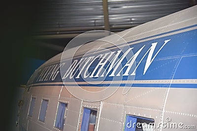 Lelystad, Netherlands. July 2022. Close up of the front of the body of an airplane labeled The Flying Dutchman. Editorial Stock Photo