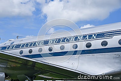 Lelystad, Netherlands. July 2022. Close up of the front of the body of an airplane labeled The Flying Dutchman. Editorial Stock Photo