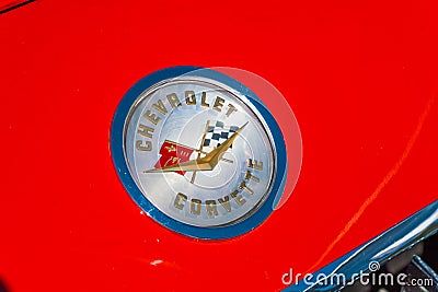 Chevrolet Corvette Retro Oldtimer logo on carhood at the annual national oldtimer day in Lelystad Editorial Stock Photo