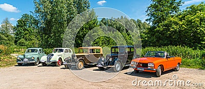 Five Peugeot Oldtimers at the annual national oldtimer day in Lelystad Editorial Stock Photo