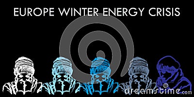 Hand drawn illustration of cold people expression, europe winter energy crisis. Cartoon Illustration