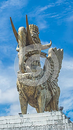 Statue of Lembuswana in Pulau Kumala, Mythology animal from Indonesia, with blue sky as the background Stock Photo