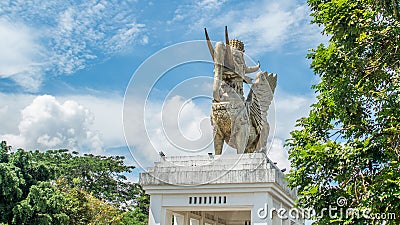 Statue of Lembuswana in Pulau Kumala, Mythology animal from Indonesia, with blue sky as the background Stock Photo