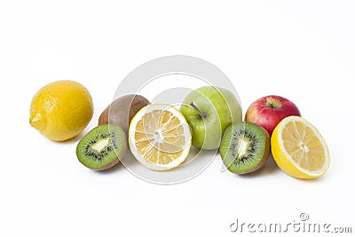 Lemon with apples and kiwi on white background. Kiwi with lemon on a white background. Fruits on a white background. Stock Photo