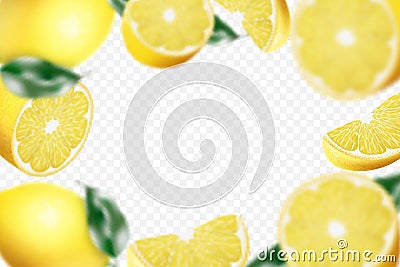 Lemon background. Flying defocusing lemon with green leaf on transparent background. 3D realistic fruits. Lemon falling from Vector Illustration